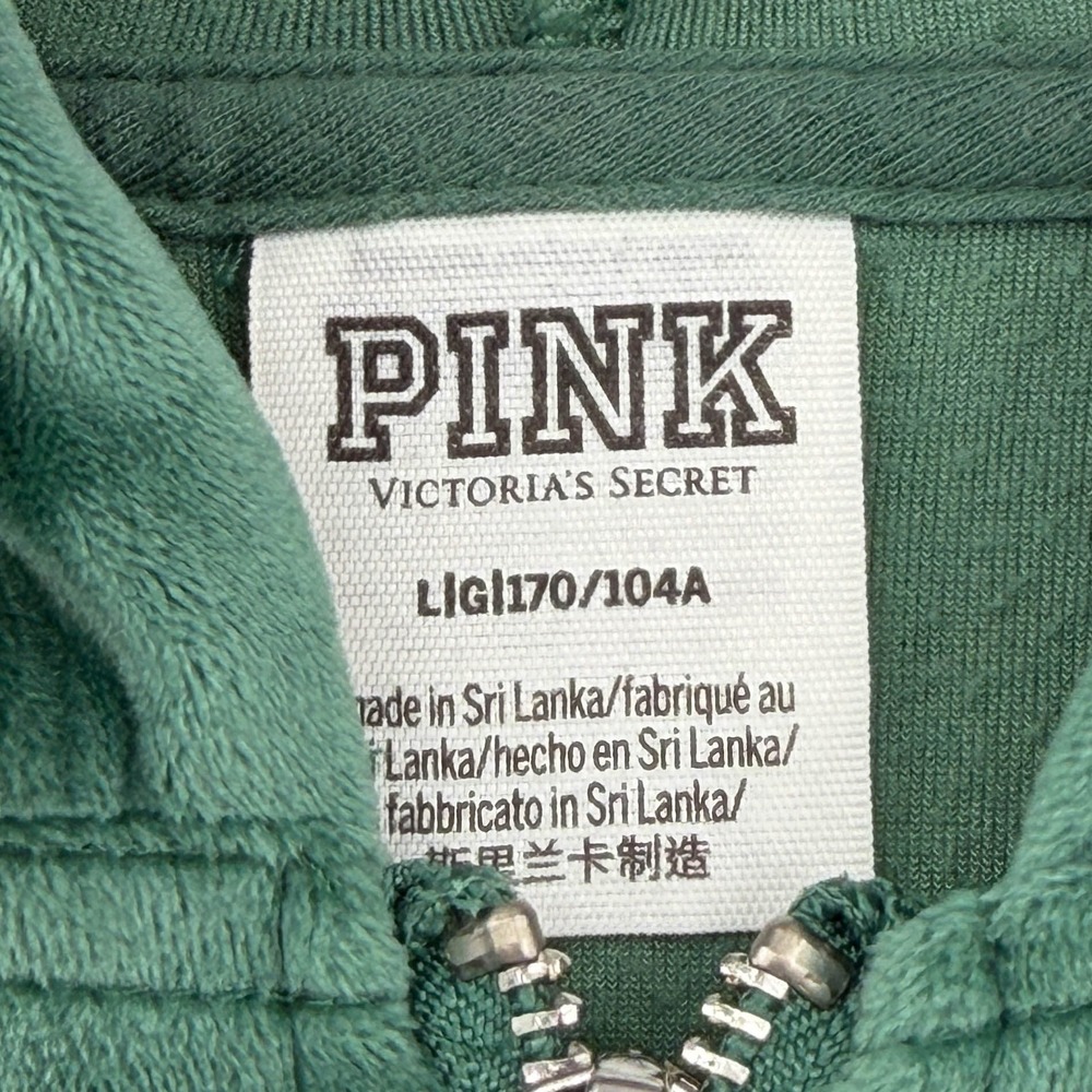 PINK Victoria's Secret Velour Full Zip Hoodie‎ Green Logo L Y2K 2000s Aesthetic - Picture 8 of 8